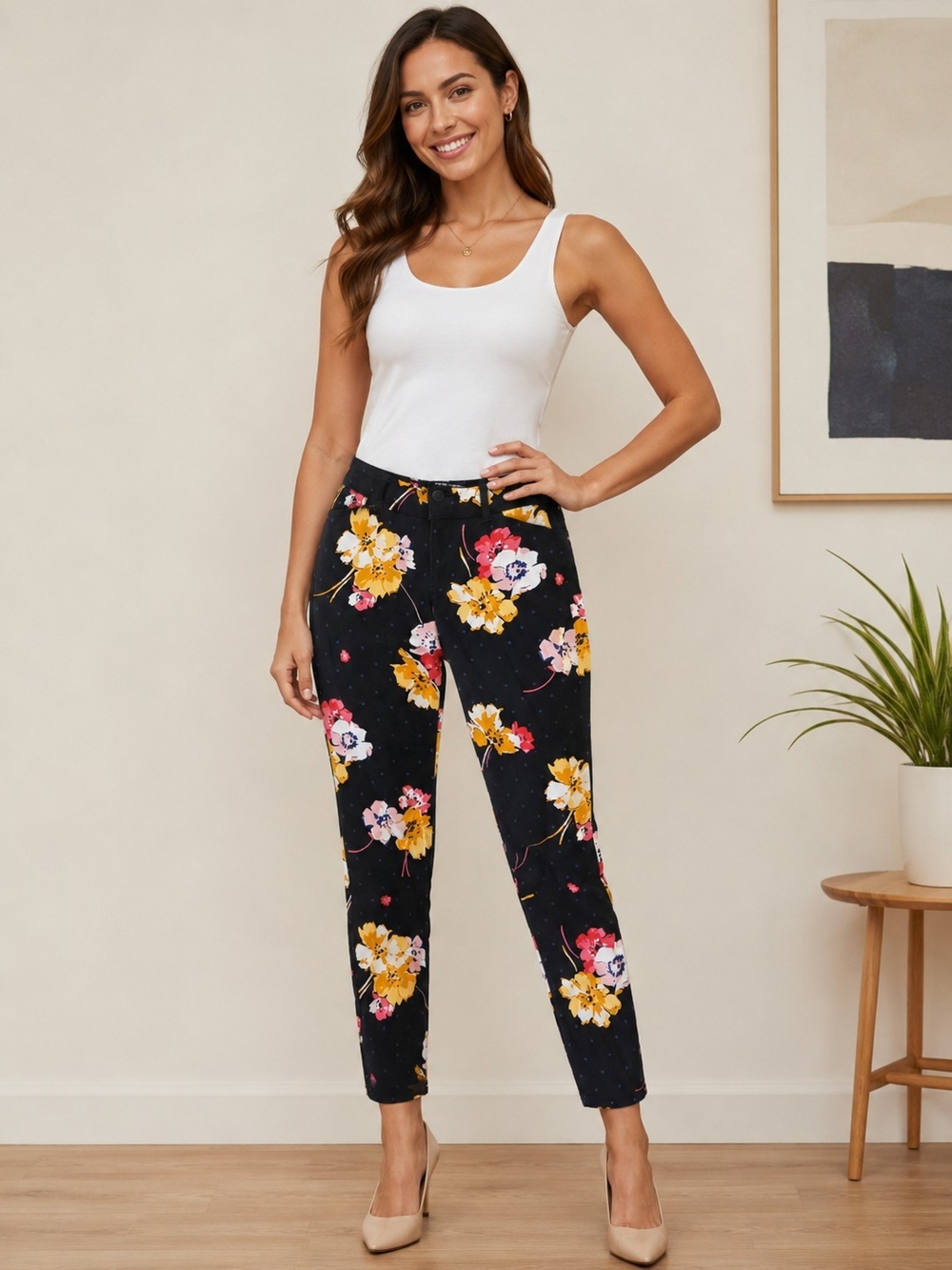 Old Navy Black Pixie Pants with Yellow, Pink, White & Blue Floral Accents